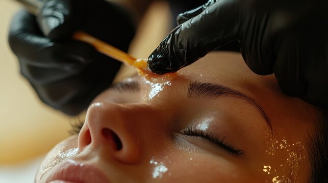 Facial treatment in a spa with a beauty expert applying wax on the clients forehead in a serene setting
