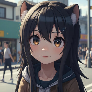 Una persona con cabello largo y oscuro y orejas de gato, vestida con una chaqueta marr&oacute;n sobre una camiseta oscura con capucha, est&aacute; de pie en una calle urbana concurrida, con personas caminando 