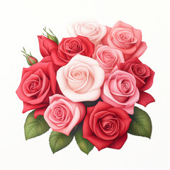 Obraz premium Elegant bouquet of red and pink roses with green leaves