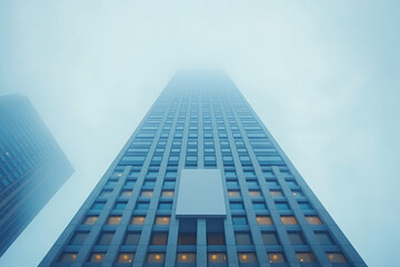 Tall building with rows of windows and glass panels on top floor, reflecting cloudy sky.