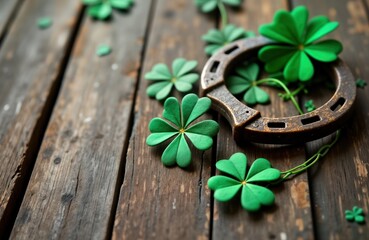 St Patricks Day lucky charms displayed on rustic wooden surface. Green shamrocks, rusty horseshoe arranged on aged planks. Irish symbols of good luck for celebration. Perfect for greeting cards