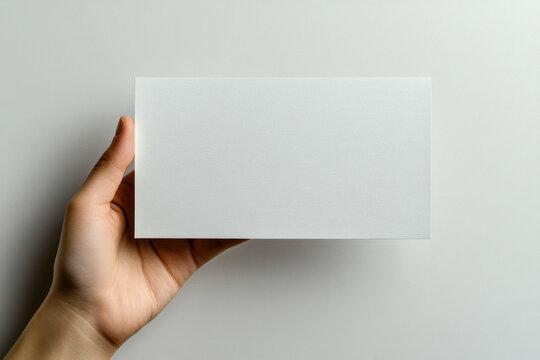 Hand holding white business card on blurred background, showcasing elegant design and potential networking opportunity.