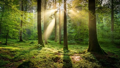 Fototapeta premium beautiful rays of sunlight in a green forest