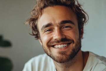 Obraz premium Smiling young man enjoying a casual moment indoors with natural light highlighting his features