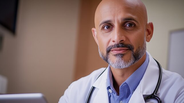 Portrait of a middle-aged bald doctor with a beard. - Powered by Adobe