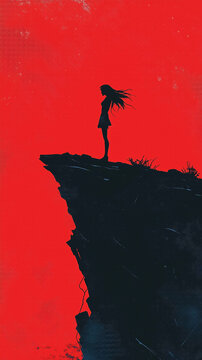Silhouette of a Figure on a Cliff Against a Red Background