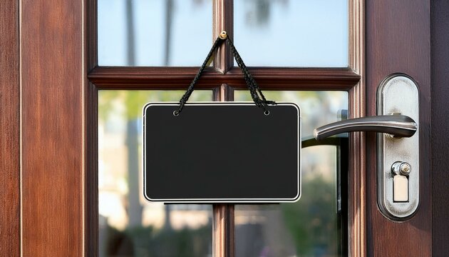 a black empty hanging sign on a glass door mockup the glass door with black empty hanging sign