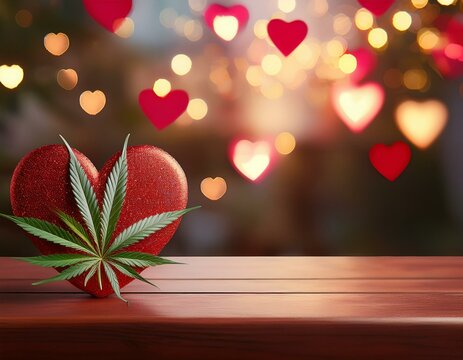Marijuana Leaf on Red Heart, Cannabis Valentine Bokeh Background with Space for Copy