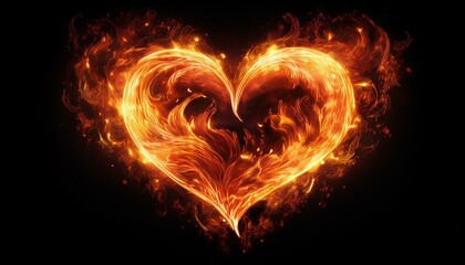 Fototapeta premium beautiful heart burning with fire isolated on black background decorative glowing outline of heart shape to overlay on textures in design holiday greeting card banner for valentine s day wedding