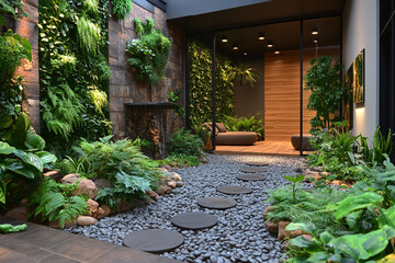Fototapeta premium Tranquil Indoor Garden Design Featuring Stepping Stones and Lush Greenery