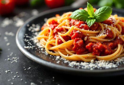 National Spaghetti Day is January 4 with a plate of Italian pasta, spaghetti, Sauce Bolognese. World Pasta Day. Close-up. 