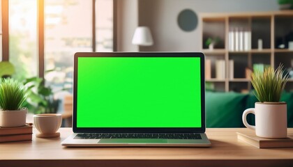 Fototapeta premium close up mockup laptop in cozy home office laptop with green screen on table in a modern home office