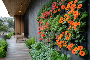 Fototapeta premium Vibrant orange flowers bloom on a vertical garden wall