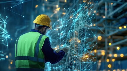 Worker interacts with digital interface in industrial setting.