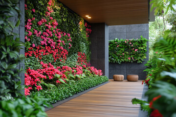 Naklejka premium Modern Outdoor Patio With Lush Vertical Garden Walls