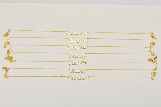 Name necklaces and bracelets. Special stylish designs with gold chains