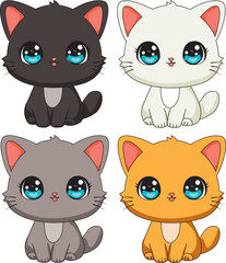 Set of cute cats in various color cartoon illustration