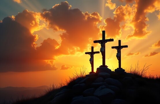 Three crosses stand on hilltop during vibrant sunset. Silhouettes of figures crucified on crosses against backdrop of dramatic clouds, warm light. Scene of profound religious significance suggestive