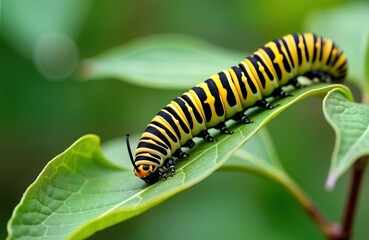 Naklejka premium Close-up view of monarch butterfly eating milkweed leaf. Vivid black, yellow stripes adorn. Caterpillars life cycle. Close-up macro image of insect on green leaf. Nature wildlife image. Summer