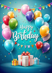 Festive birthday greeting with balloons, gifts, and confetti on a blue background.