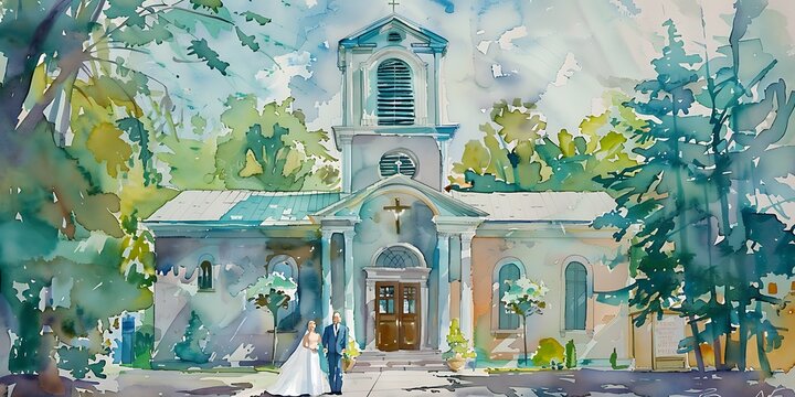 Romantic Watercolor of a Catholic Church with Bride and Groom, Capturing the Sacred Beauty of Marriage, Faith, and Spiritual Union