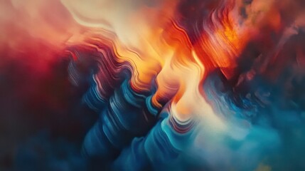 Fototapeta premium Abstract painting, blurred colors, orange and blue gradients, fluid textures, soft transitions, atmospheric, ethereal, emotional, vibrant, dynamic brushstrokes, panoramic composition, dreamlike, cosmi