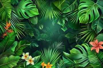 A lush green jungle with a variety of plants and flowers