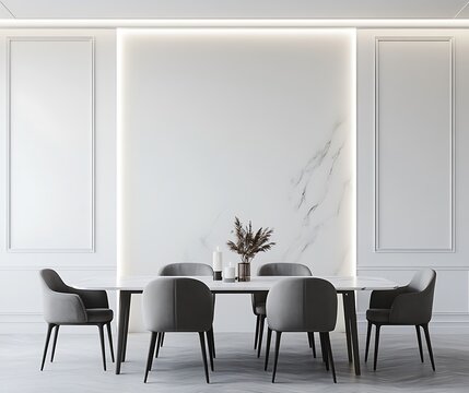 Modern dining room interior with a white wall mock-up, grey chairs, and a marble table, in a minimalistic style