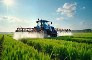 Fototapeta premium Blue tractor sprays green field. Farmer works on rural farm. Agricultural machinery sprays pesticide on fertile crop field in summer. Modern equipment protects plants from parasites. Beautiful sunny