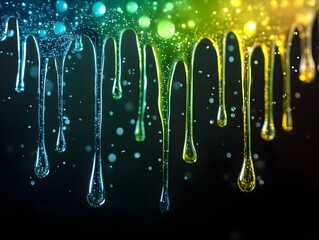 Dripping liquid green and blue on a black background