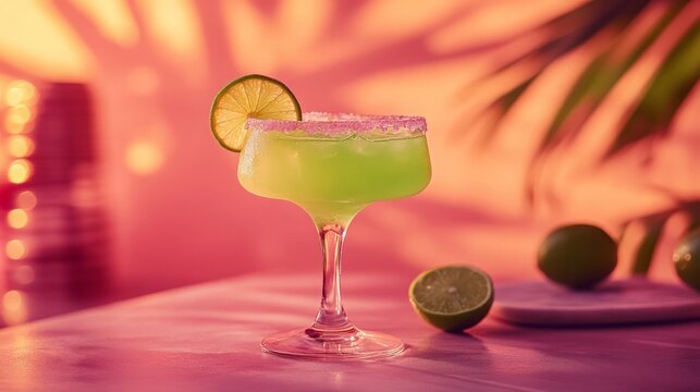Margarita mocktail in glass with salted rim showcasing the vibrant lime green drink and slice of lime on the rim. Drink surrounded by minimal props with soft lighting to create fresh, inviting vibe