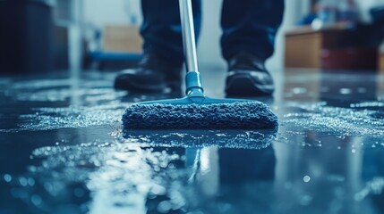 Person using mop to clean floor symbolizing repetitive task of cleaning in daily or weekly routine. Clean floor and simple lighting emphasize the ease and regularity of this routine cleaning task