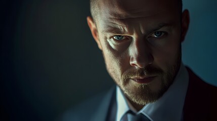 Fototapeta premium Intense close-up portrait of a man in a suit.