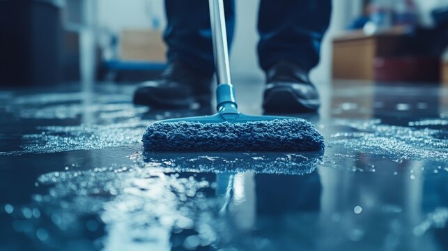 Person using mop to clean floor symbolizing repetitive task of cleaning in daily or weekly routine. Clean floor and simple lighting emphasize the ease and regularity of this routine cleaning task