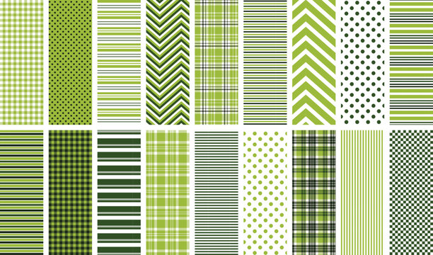 Green geometric seamless pattern set. 18 repeating patterns for fabric, backgrounds, apparel, paper crafts and more. Holiday, Christmas, St. Patrick's Day. Stripes, plaid, chevron, polka dots.
