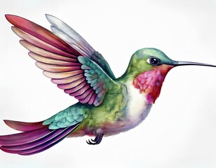 Fototapeta premium hummingbird watercolor colorful birds illustration isolated white background summer clipart hand drawing tropical bird