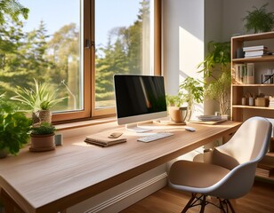 Fototapeta premium a desk with computer by a window in a natural light home office interior