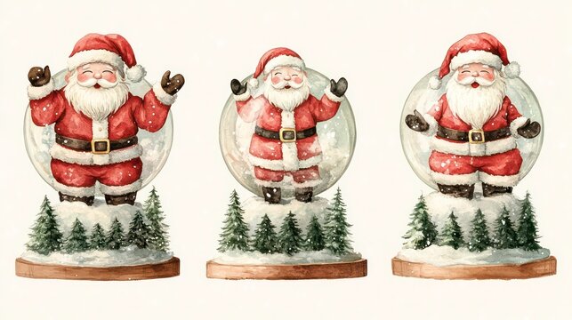 Three watercolor illustrations of Santa Claus inside snow globes, each with unique pose, set against a white background.