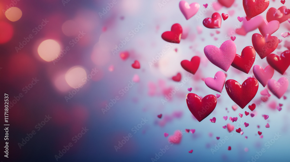 Poster cascade of red and pink hearts floating on soft bokeh backdrop, expressing romantic mood for valenti