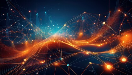 Fototapeta premium abstract network global connectivity orange lines dark blue background technology science data