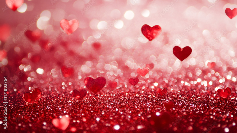 Poster Romantic background with red hearts falling on a sparkly red and pink bokeh background, ideal for Valentine's Day projects