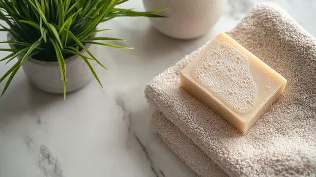 Natural soap bar luxurious lathered with bubbles on pristine marble surface with botanical accents