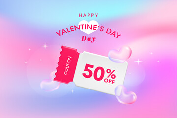 Happy valentine's day promotion sales and Discount coupon online purchases. Tag label, banner with Percentage isolated. 3d rendering.