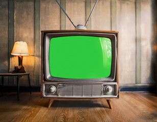 retro television with green screen in a vintage interior suitable for media and technology themes