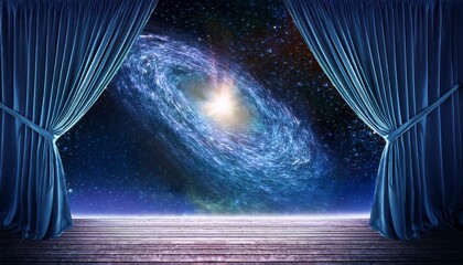 back a curtain to unveil a galaxy symbol of discovery and exploration
