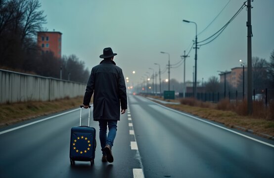 Young man walks away with rolling suitcase bearing European flag. Empty road stretches ahead. Gray sky suggests cloudy day. Scene evokes themes of emigration migration. Man seems to traveling