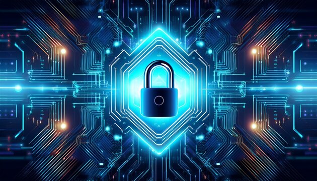 cyber security glowing neon padlock on digital circuit background