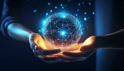 hand holding a glowing digital network sphere on a dark background a technology concept