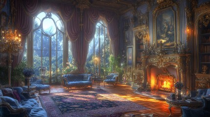 Sunlit opulent palace room with fireplace, furniture, and scenic windows.