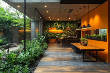 Modern Restaurant Interior With Lush Green Wall